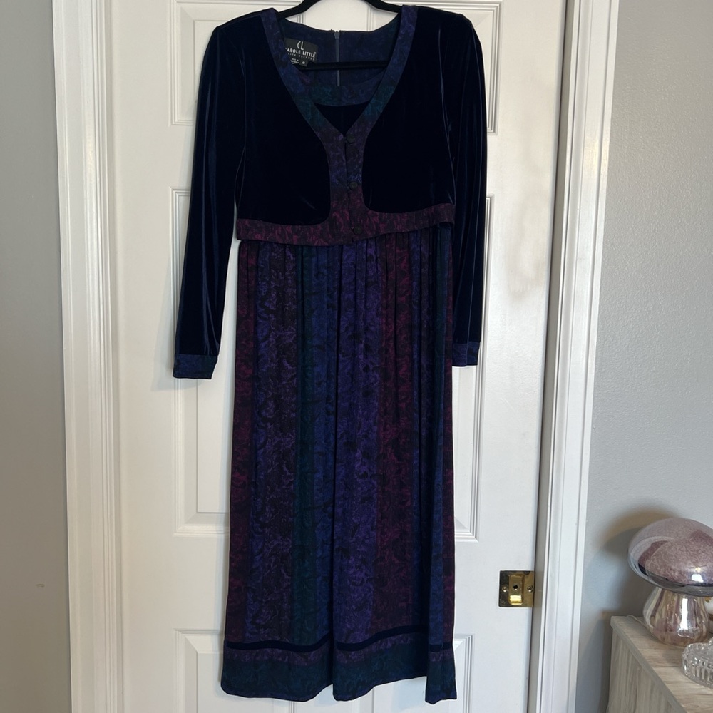 Vintage 90s Carole Little Black Purple LongSleeve Velvet Dress Button whimsygoth